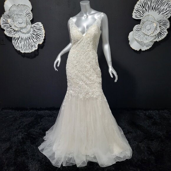 NWT~$1595~MON CHERI~10/12~IVORY EMBROIDERED MERMAID FIT & FLARE WEDDING DRESS - Picture 8 of 16